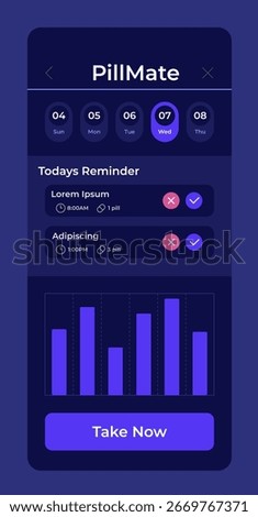 Pill reminder dark slide chart. Medical treatment, pharmacy. Time management, alarm. Clinical service, healthcare. Pitch deck presentation report. Infographic visualization