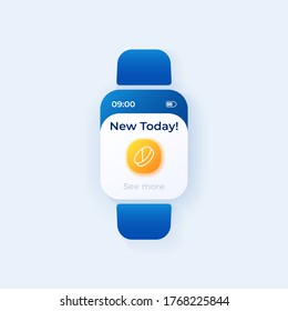 Recortar la plantilla de vector de la interfaz de reloj inteligente. Programación de prescripciones diseño de modo de día de notificación de aplicaciones móviles. Nuevo hoy, ver más pantalla. IU plana para la aplicación. Tablet en pantalla inteligente