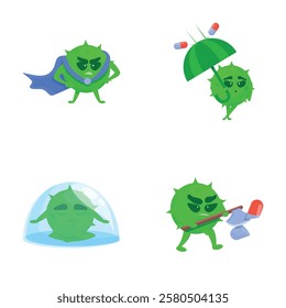 Pill resistance icons set cartoon vector. Dangerous virus defeating medication. Threat of weak immunity