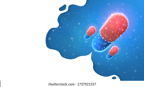 Pill Rocket, landing page concept. Medical web page design. Low poly, wireframe 3d vector illustration. Abstract polygonal image on a blue neon background