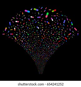Pill salute stream. Vector illustration style is flat bright multicolored iconic symbols on a black background. Object source fountain created from random design elements.