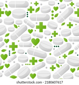 Pill seamless pattern vector design for drugstore, pharmacy banner background or medical product packaging. Different shape tablets, green cross and heart symbols clipart.
