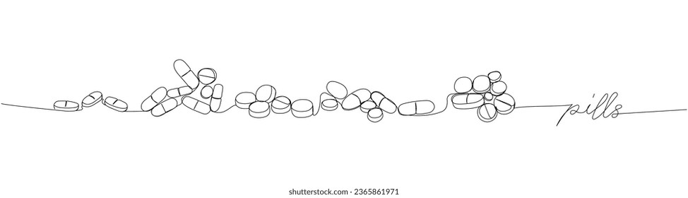 Pill set. Tablet, drug, pharmacy, capsule, antibiotic, aspirin, herbal, medicine one line art. Continuous line drawing of treatment, medication, allergy with an inscription, lettering, handwritten