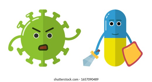 una píldora con un escudo y una espada sobre un fondo blanco está combatiendo el virus. Coronavirus. Virus verde peligroso. Malvado y amable. Protección contra enfermedades