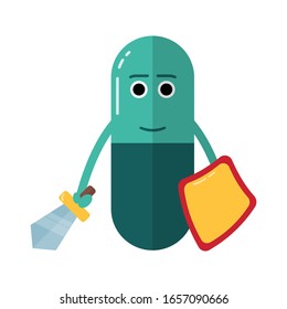 pill with a shield and a sword on a white background. knight. Defender of the disease. Medicine. Smile Funny face. Doodle The brave hero.