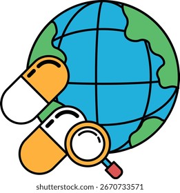 Una píldora se muestra en un globo terráqueo con una lupa. La píldora es una medicina y el mundo es el mundo. La píldora se está ampliando para mostrar sus detalles