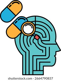 A pill is shown on a head with a maze on the side. The pill is a symbol of medicine and the maze represents the brain. Concept of the brain being complex and the importance of taking care of it