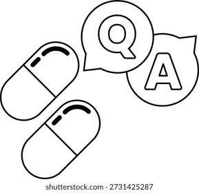 A pill is shown with a Q and A above it. The pill is a pill bottle and the Q and A are speech bubbles