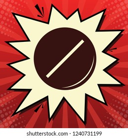 Pill sign illustration. Vector. Dark red icon in lemon chiffon shutter bubble at red popart background with rays.