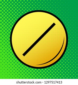 Pill sign illustration. Vector. Pop art orange to yellow dots-gradient icon with black contour at greenish background.