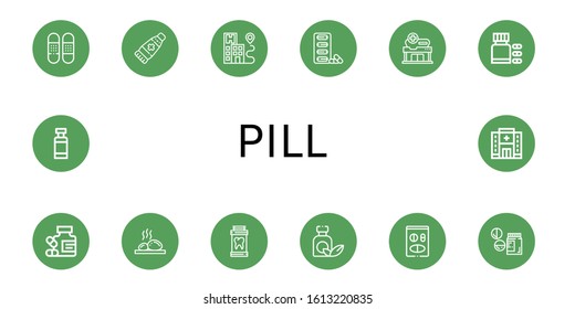 pill simple icons set. Contains such icons as Bandage, Ointment, Hospital, Pills, Vitamins, Medicine, Lithotherapy, Drugs, Drug container, can be used for web, mobile and logo
