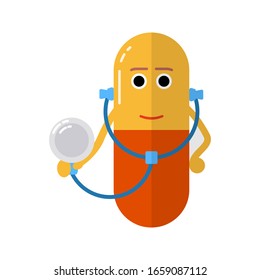 pill with a stethoscope. Doctor tablet on a white background. Medicine. Kind cute character. Treatment. Virus protection.