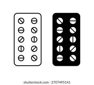 Vector del icono de la tira de la píldora. Pastillas en blíster. Icono de píldora o tableta. Icono de tira de píldoras negras