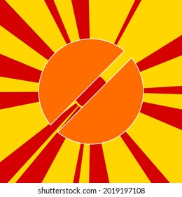 Pill symbol on a background of red flash explosion radial lines. The large orange symbol is located in the center of the sun, symbolizing the sunrise. Vector illustration on yellow background