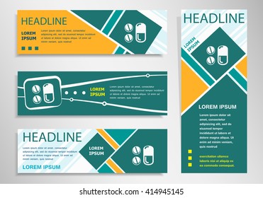 Pill symbol on horizontal and vertical discount banner, header. Modern banner design template