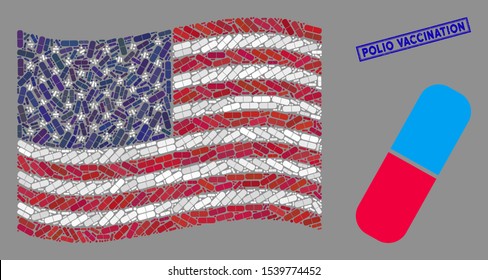 Pill symbols are grouped into USA flag collage with blue rectangle distressed stamp seal of Polio Vaccination text. Vector collage of USA waving flag is constructed of pill elements.