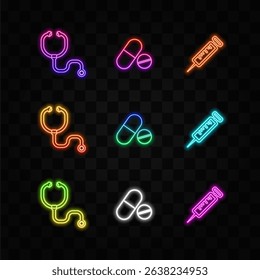 Pill, syringe.Medicine, Health. Stethoscope glyph icon. heart rate, pulse diagnosis..Stethoscope icon flat vector Cardiac medicine Medical nurse.