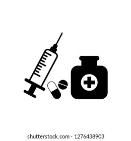 Pill, tablet, bottle and injection icon, vector on white background editable eps10