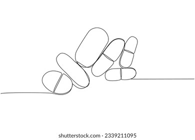 Pill, tablet, drug, pharmacy, capsule, antibiotic, aspirin, herbal, medicine one line art. Continuous line drawing of treatment, medication, medical, pharmacy, therapy, allergy