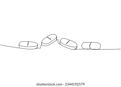 Pill, tablet, drug, pharmacy, capsule, antibiotic, aspirin, herbal, medicine one line art. Continuous line drawing of treatment, medication, medical, pharmacy, therapy, allergy