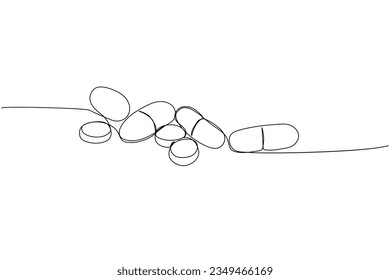 Pill, tablet, drug, pharmacy, capsule, antibiotic, aspirin, herbal, medicine one line art. Continuous line drawing of treatment, medication, medical, pharmacy, therapy, allergy