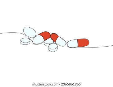 Pill, tablet, drug, pharmacy, capsule, antibiotic, aspirin, herbal, medicine one line color art. Continuous line drawing of treatment, medication, medical, pharmacy, therapy, allergy