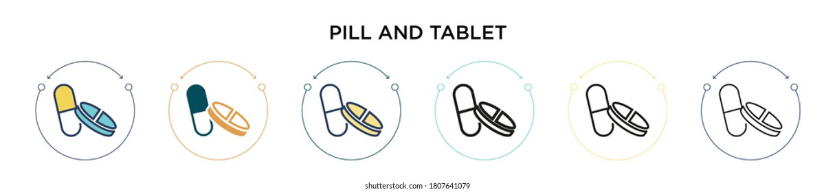 Pill and tablet icon in filled, thin line, outline and stroke style. Vector illustration of two colored and black pill and tablet vector icons designs can be used for mobile, ui, web