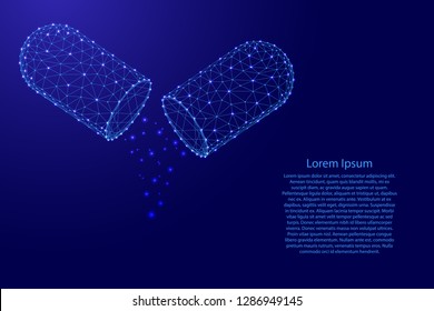 Pill tablet open capsule with the health pour fall medicines substance prebiotic probiotic from futuristic polygonal blue lines and glowing stars for banner, poster, card. Vector illustration.