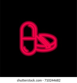 Pill and Tablet red glowing neon ui ux icon. Glowing sign logo vector