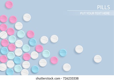 Pill and tablets. Heap of capsules. Medical background vector illustration design.