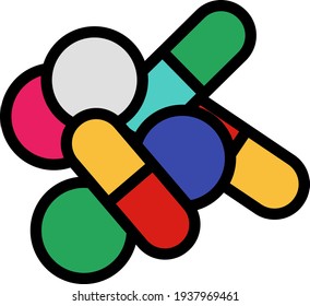 Pill And Tabs Icon. Editable Thick Outline With Color Fill Design. Vector Illustration.