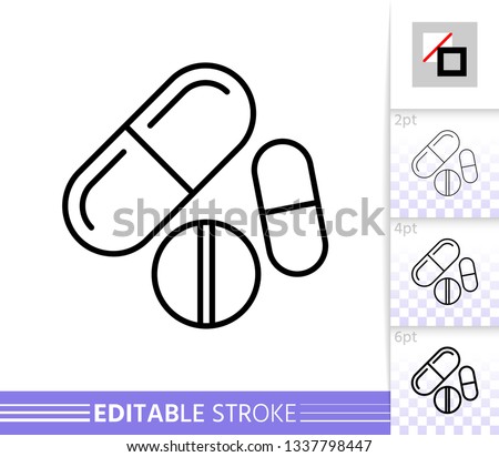 Pill thin line icon. Drug banner in flat style. Medicine poster. Pharmacy Linear pictogram. Simple illustration, outline symbol. Vector sign isolated on white. Editable stroke icons without fill