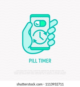 Pill timer, health mobile app thin line icon. Modern vector illustration.
