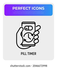 Pill timer, health mobile app thin line icon. Modern vector illustration.