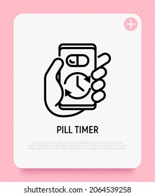 Temporizador de píldoras, icono de la línea delgada de la aplicación móvil de estado. Ilustración vectorial moderna.