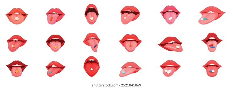 Pill tongue icons set. Collection of female mouths showing tongue with a pill on it, concept of drug use