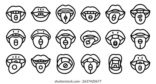 Pill tongue icons set. Collection of simple black and white icons representing mouths with tongues holding various pills