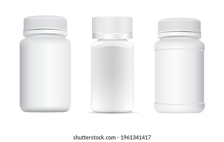 Pill tub. Supplement bottle mockup, capsule jar, small container sample 3d vector. Remedy bottle, pharmacy product with lid. Antibiotic tablet jar, remedy bottle design, matte plastic package