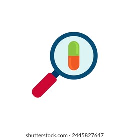 Pill under the magnifier. Medicine search icon. Capsule and magnifying glass.