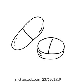 Icono del vector de la píldora en estilo doodle. Símbolo de diseño simple. Objeto de caricatura dibujado a mano aislado sobre fondo blanco.