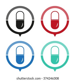 Pill - vector icon; map pointer;  message bubble