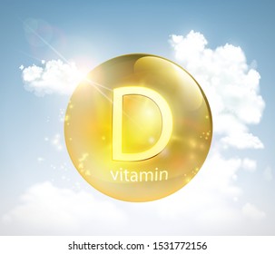 Pill vitamin D against the sky with the sun and clouds. Vector illustration.