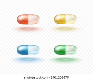 Pill, vitamin E, D or omega 3 fish oil capsule isolated on transparent background. Color 3d antibiotic gel medicine set. Vector realistic serum oval spheres of collagen essence