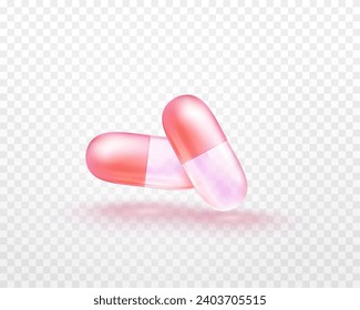 Pill, vitamin E, D or omega 3 fish oil capsules on transparent background. 3d antibiotic gel medicine template. Vector realistic serum oval spheres of collagen solution 