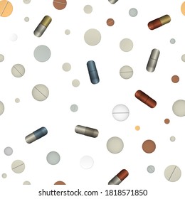 Pill, Vitamin And Tablets. Vector Illustration. Healthcare And Medicine. Seamless Pattern Background.