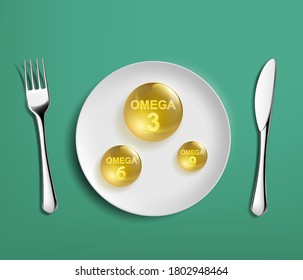 Pill Vitamins Omega 3, Omega 6 And Omega 9 On A Plate. Vector Illustration