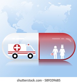 Pill with world map background.Ambulance and doctors. Medical,Healthcare concept.Vector illustration EPS10.