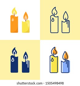 Pillar candles icon set in flat and line style. Bright light source with burning flame. Home interior decor. Vector illustration.