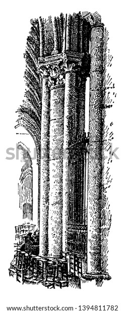 Pillar from the Cathedral of Tours, France,\
circa 13th century, Arnau Vidal, master, vintage line drawing or\
engraving illustration.