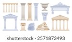 Pillar and column, Roman or Greek vector. Stone ancient architecture. 3d Marble temple, antique white building set. Pillar from Greece, Rome. Sculpture, vase, pillar design. Greek Roman palace element